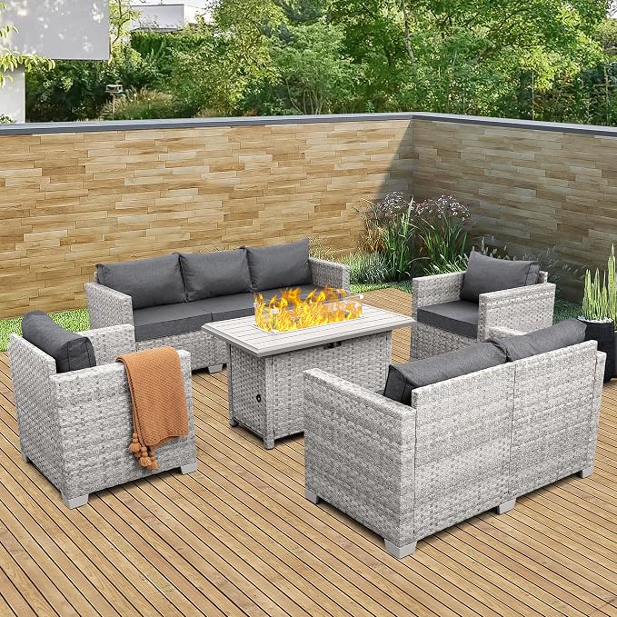 WAROOM Patio Furniture Set 5 Piece Outdoor Furniture with Fire Pit Table, Grey Wicker Sectional Sofa Couch Sets Backyard Deep Seating PE Rattan Chairs with Grey Cushion