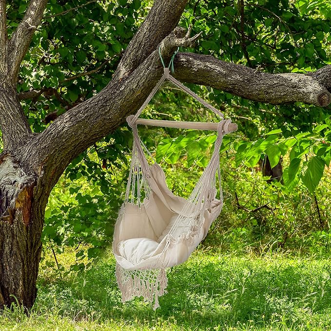 ALEKO Hanging Rope Swing Hammock Chair with Side Pocket and Wooden Spreader Bar, 2 Cushions and Hardware Kits Included, Max 440 Lbs Ivory HC01
