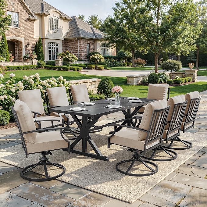ALAULM 9-Piece Patio Dining Set,Outdoor Metal Dining Set with 8 Swivel Chairs & Rectangle Table with 1.5 Umbrella Hole, Patio Dining Table and Chairs for Backyard, Sand