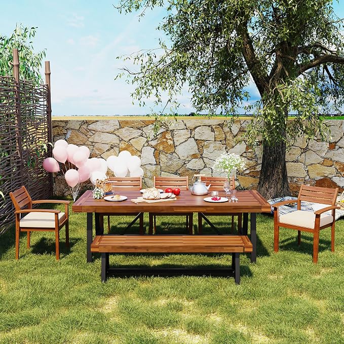 Merax 7 Pieces Patio Dining Table Set, Outdoor or Indoor Dining Furniture Set with 1 Table, 5 Wooden Chairs and 1 Bench, Ergonomic Chairs and Bench, Metal Frame for Garden, Backyard, Balcony, Brown