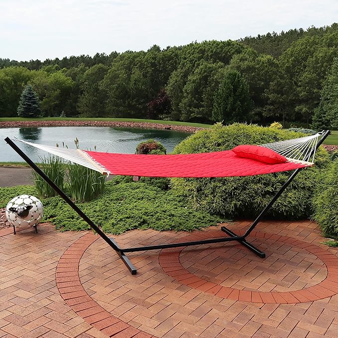 Sunnydaze Quilted Fabric Double Hammock with 12-Foot Stand - 400-Pound Capacity - Black Stand - Red
