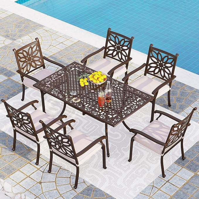 PHI VILLA 7 Pieces Outdoor Cast Aluminium Dining Set for 6, 63" Long Table with Umbrella Hole & Heavy-Duty Chairs with Cushions, Large Outside Furniture Set for Patio, Deck, Porch, Backyard - Brown