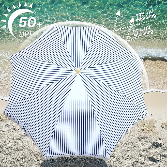 6.5FT Boho Patio Umberlla with Fringe,UPF50+ Outdoor Umbrella with Fiberglass Ribs and Push Button Tilt,Tassels Umbrella for Beach,Terrace,Picnic