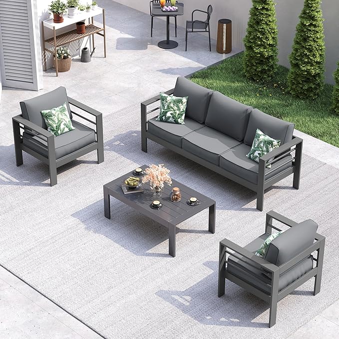 UDPATIO Aluminum Patio Furniture Set, 4 Pieces Outdoor Conversation Set with Waterproof Covers, All-Weather Modern Sectional Sofa for Patio, Deck, Backyard, Dark Grey/Dark Grey