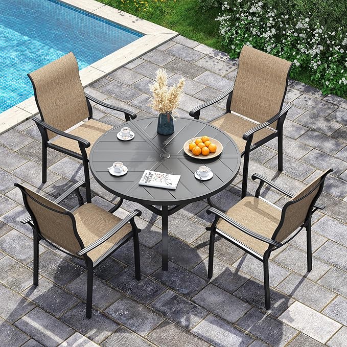 UDPATIO 5 Piece Outdoor Patio Table and Chairs Set for 4, 39" Black Round Table with Umbrella Hole, Brown Patio Chairs, Patio Table with Chairs, Outdoor Patio Dining Set for Lawn, Backyard, Deck