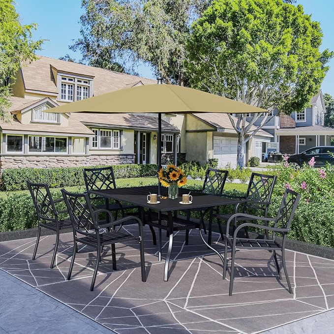 SOLAURA 8-Piece Outdoor Patio Dining Set, 6 Person Outside Table and Chairs Set, Metal Stacked Chairs of 6, Slat Table Top with 1.57" Umbrella Hole and 9 FT Patio Umbrella (Black)