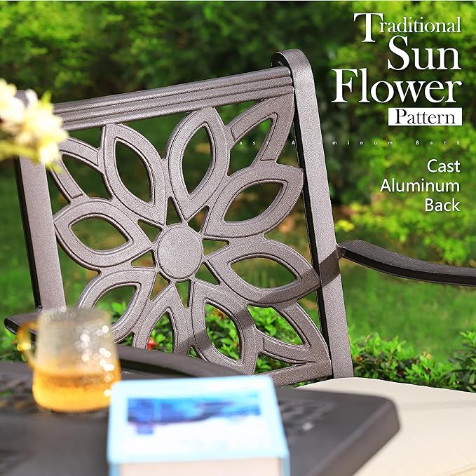 PHI VILLA 3 Pcs Cast Aluminum Patio Bistro Set, Extra Wide Armrest Dining Chairs with Cushion & 1 Round Bistro Dining Table with Umbrella Hole