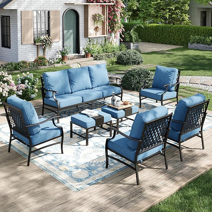 Patio Furniture Set 7 pcs, Outdoor Patio Furniture, 3-Seat Sofa, 4 Single Chairs, 2 Ottomans and 5.75" Extra Thick Cushion, Conversation Set for Backyard Deck,Navy Blue
