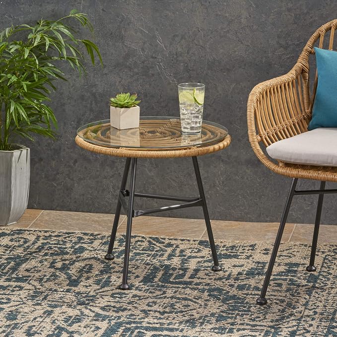 Great Deal Furniture Rodney Outdoor Woven Faux Rattan Side Table with Glass Top, Light Brown and Beige Finish (309168)