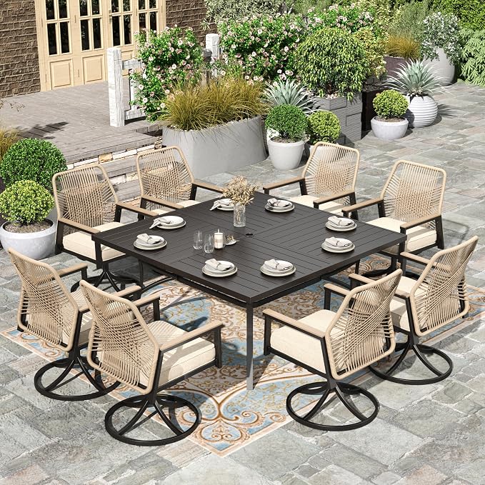HERA'S HOUSE 9pc Patio Dining Set, 57.5" Metal Table & Swivel Rattan Chairs | Square table with umbrella hole, 8 cushioned chairs. Waterproof, rust-resistant, all-weather for backyard, porch.