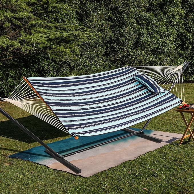 Lazy Daze Hammocks 2 Person Hammock Pad and Pillow Set, Double Polyester Quilted 78" x55" Replacement Pad for Rope Hammock, Navy Blue Stripes