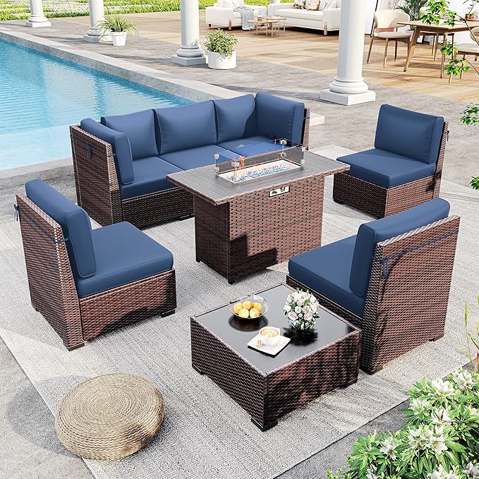 Outdoor Patio Furniture Set with 44" Fire Pit Table 8 Pieces Rattan Patio Sectional Sofa Conversation Set w/55000 BTU Propane Gas Fire Pit, Coffee Table, 2 Waterproof Covers, Blue