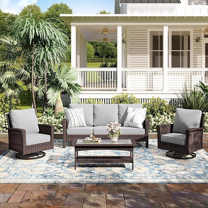 4-Piece Wicker Patio Furniture Set with Swivel Chairs, High Back Outdoor Sofa with 5.5-inch Thick Cushion, All-Weather Wicker Patio Conversation Set for Deck Yard Pool, Grey