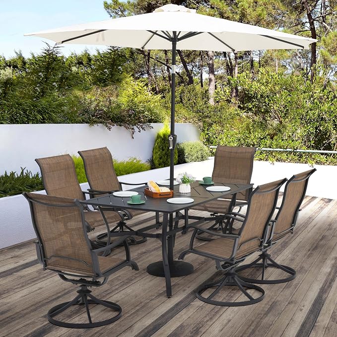 NUU GARDEN 7-Piece Patio Dining Table Set, Outdoor Iron Dining Set with Umbrella Hole, Splicing Table and 6 Textilene Swivel Chairs, Brown and Black