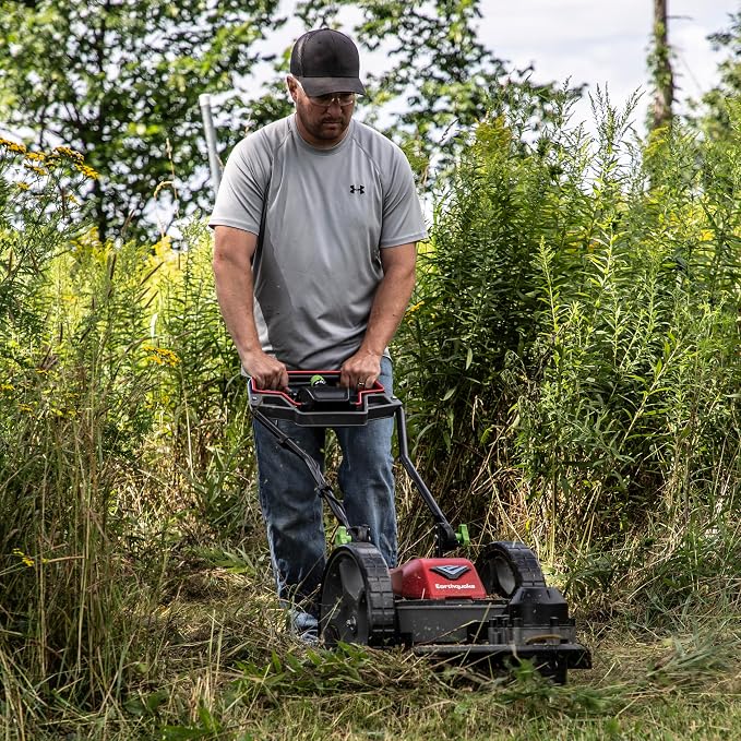 Earthquake 60V Walk Behind String Mower, Includes Two 4Ah Batteries, 22” Cutting Diameter, Three Cutting Speed Dial, 14” Never-Go-Flat Wheels, Easy Assembly, Adjustable Handlebar, Model #44965