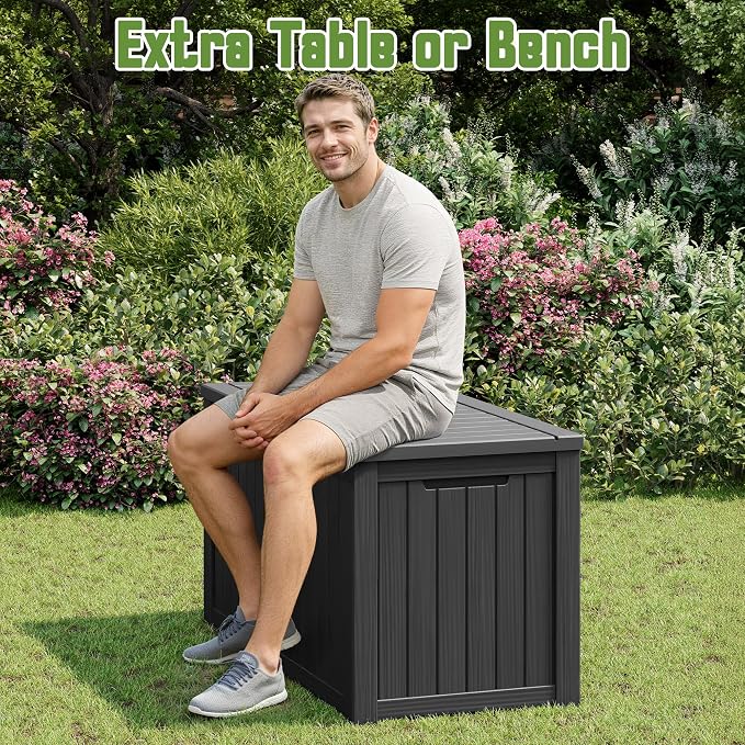 Outdoor Storage Box, 160 Gallon Deck Box with Lockable Lid, Waterproof Resin Storage Bin for Cushions, Garden Tools, Patio Furniture, Black