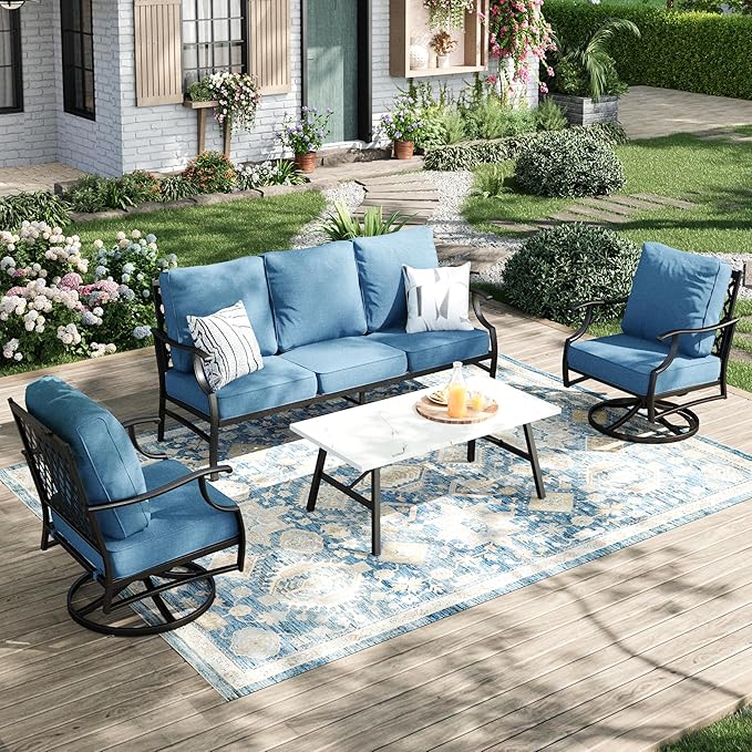 Patio Furniture Set 4 pcs, Metal Outdoor Patio Furniture, 3-Seat Sofa, 2 Swivel Chairs, Coffee Table and 5.75" Extra Thick Cushion, Conversation Set for Backyard Deck, Navy Blue
