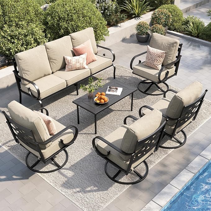 PHI VILLA Patio Furniture Set, 3-Seater Sofa, 4 Swivel Chairs and a Coffee Table, Outdoor Metal Conversation Set with 5.75" Extra Thick Cushion for Garden Backyard Deck, Beige