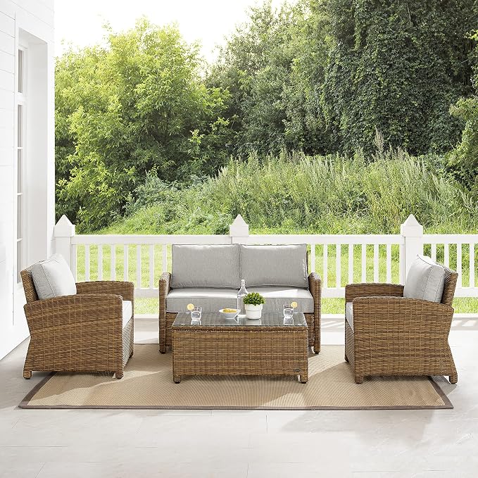 Crosley Furniture Bradenton 4-Piece Outdoor Loveseat Patio Furniture Set, Wicker Conversation Sets for Porch, Brown with Gray Cushions