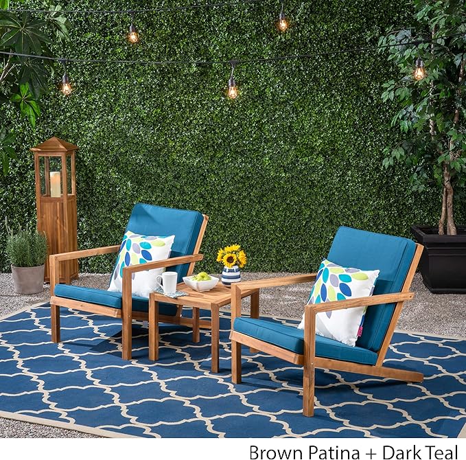 Christopher Knight Home Nick Outdoor 3 Piece Acacia Wood Chat Set, Brown Patina and Dark Teal