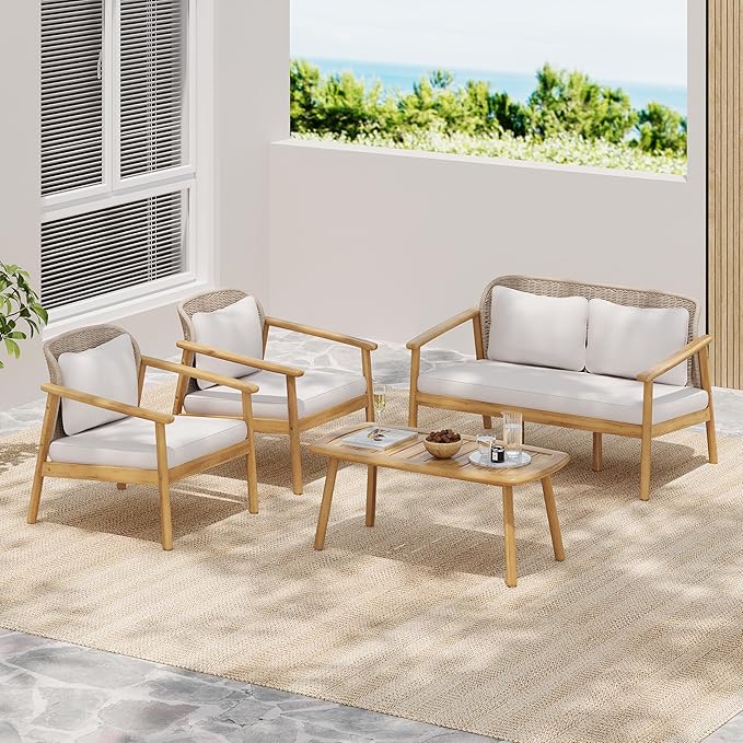 Merax 4-Piece Outdoor Acacia Wood Conversation Set with Coffee Table, Woven Rope Backrest Chair and Loveseat Sofa, Patio Furniture Set for Your Porch, or Balcony, Light Teak Finish, Beige Cushion