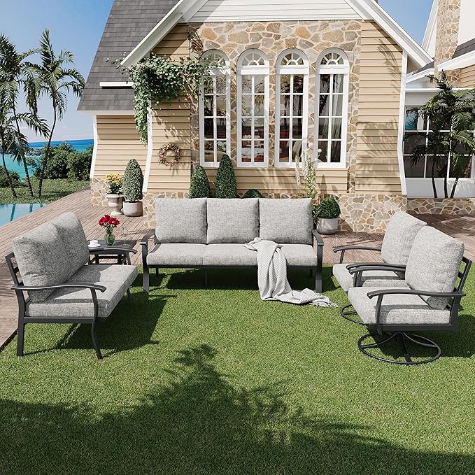 HOMREST Outdoor Furniture Thickened Cushion 360 Degree Swivel Rocking Patio Chairs and 3-Seat Sofa, Loveseat, Coffee Table, 5 PCS Metal Conversation Set for Garden, Deck and Poolside