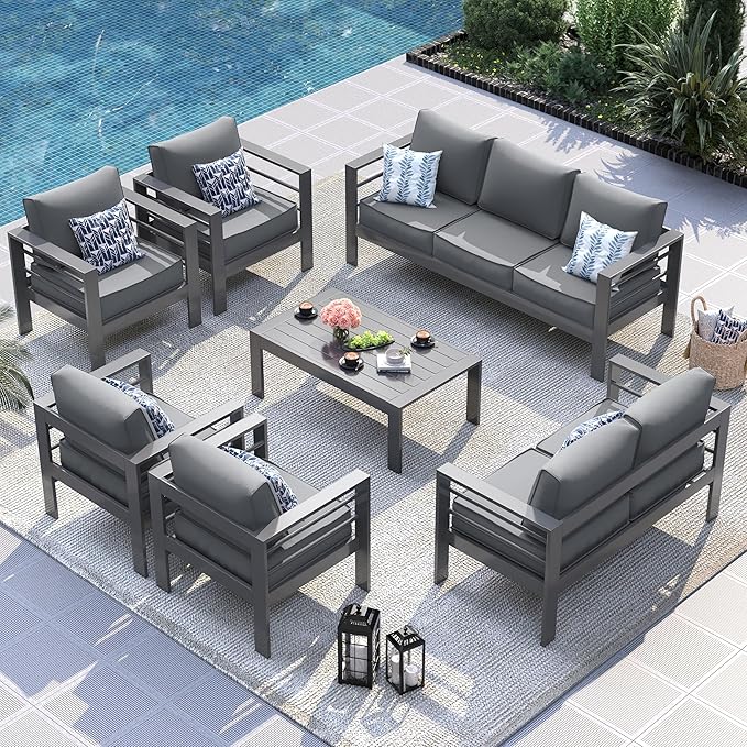 UDPATIO Aluminum Patio Furniture Set, 7 Pieces Outdoor Conversation Set with Waterproof Covers, All-Weather Modern Sectional Sofa for Patio, Deck, Backyard, Dark Grey/Dark Grey