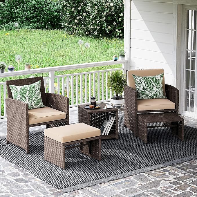 OC Orange-Casual 5 Pcs Patio Conversation Set Balcony Furniture Set with Cushions, Brown Wicker Chair with Ottoman, Storage Table for Backyard, Garden, Porch, Beige