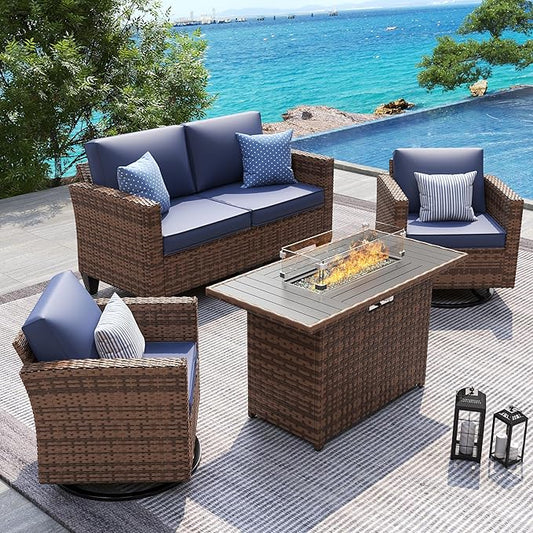 UDPATIO 5 Pieces Patio Furniture Set with Fire Pit Table, Outdoor Conversation Set with Rocking Swivel Chairs, Wicker Furniture Set with Waterproof Cover, 4'' Thickened Cushion, Navy