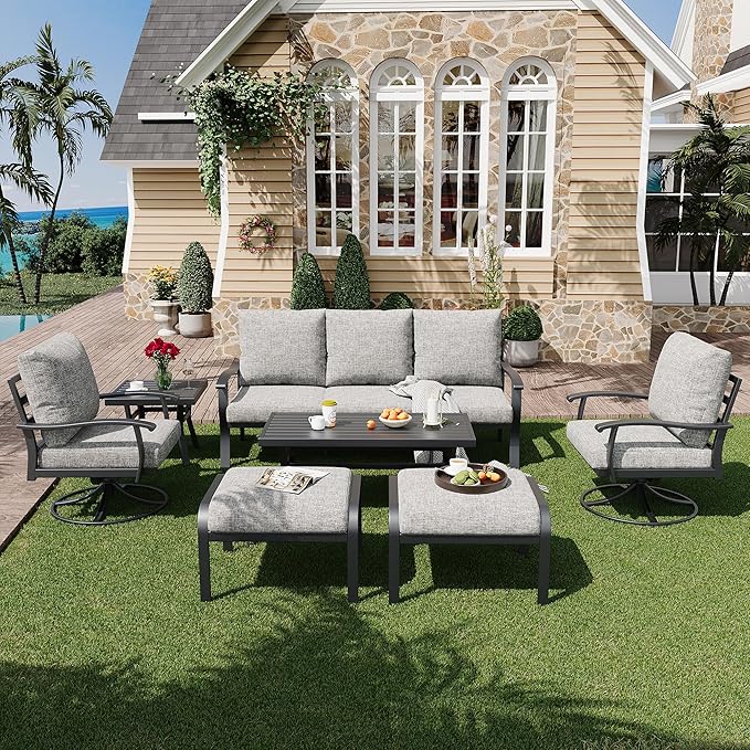 HOMREST Patio Furniture Sets 7 PCS Outdoor Metal Conversation Sets, 360 Degree Swivel Rocking Chairs Patio Conversation Set with Ottomans, Coffee Side Table and 3-Seat Sofa for Garden, Deck, Poolside