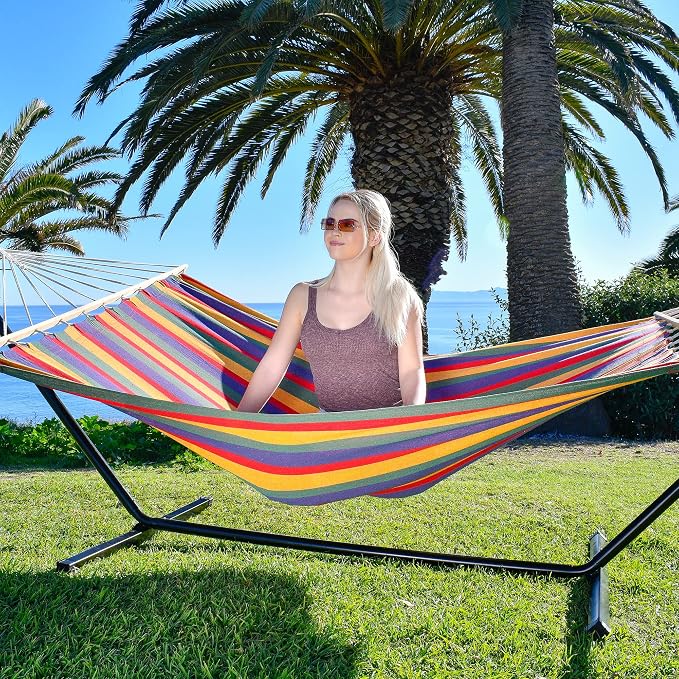 Sterling Sports Hammock for 1 Person, 4ft Wide 420 lbs Capacity, Wooden Spreader for Outdoor Patio Yard Poolside, Cotton Tropical Rush