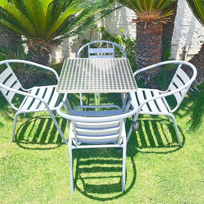 BTEXPERT Indoor Outdoor 27.5" Square Restaurant Table Stainless Steel Silver Aluminum + 4 Silver Gray Metal Aluminum Slat Stack Chairs Commercial