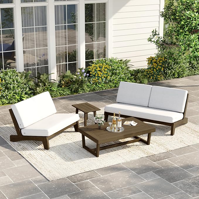 3 Piece Wood Outdoor Patio Frutnire Set, 5 Seater Patio Conversation Sets with Thick Cushions, Outdoor Sectional Furniture with Coffee Table - Beige