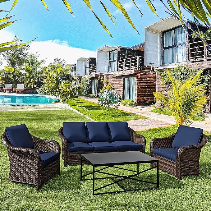 4 Pieces Patio Outdoor Conversation Furniture Set, 78" 3-Seat Couch, 2 Chairs, 47" Metal Coffee Table, Rattan Wicker Sofa with Washable Cushions for Garden, Deck (Navy Blue)