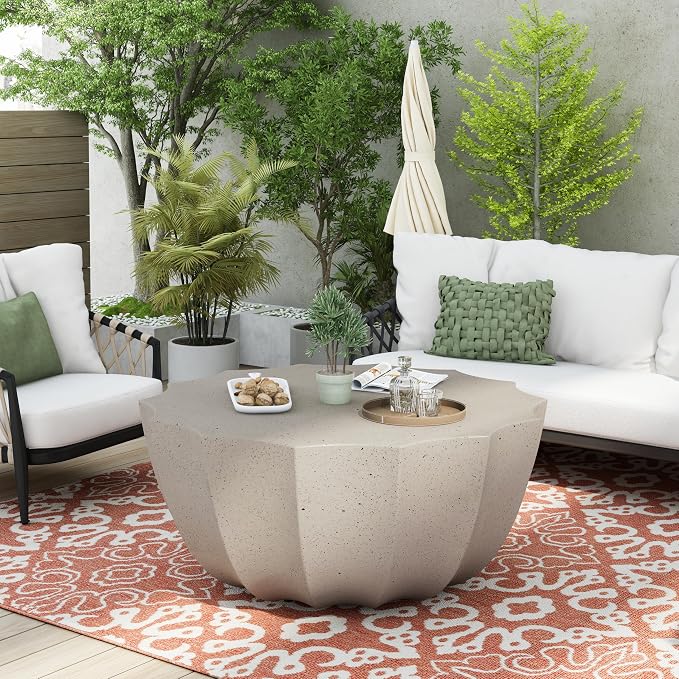 35" Indoor Round Coffee Table, Waterproof Coffee Table Modern MgO Cement Design End Tables for Living Room, Patio Outdoor Coffee Tables for Garden, Backyard, Balcony, White
