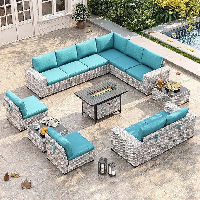 13 Piece Outdoor Wicker Rattan Sectional Sofa Set with 55,000 BTU Fire Pit Table, 10-Seats with 4" Thickened Cushions & Coffee Table, All-Weather PE Rattan for Garden, Backyard, Porch, Turquoise