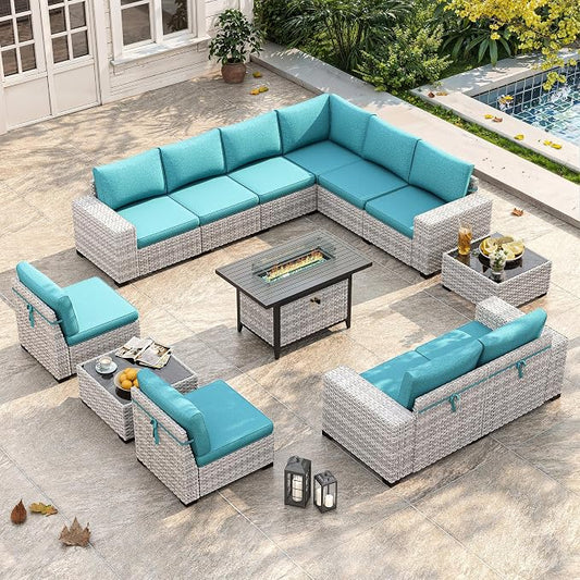 13 Piece Outdoor Wicker Sectional Sofa Set with 55,000 BTU Fire Pit Table, 10-Seats with 4" Thickened Cushions & Coffee Table, All-Weather PE Rattan for Garden, Backyard, Porch, Turquoise