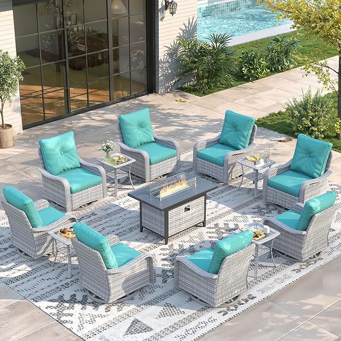 13 Piece Wicker Patio Furniture Set with 55,000 BTU Fire Pit Table, Swivel Rocking Chairs, 4''Cushions, PE Rattan, Wind Guard Glass, for Backyard, Deck or Balcony, Blue