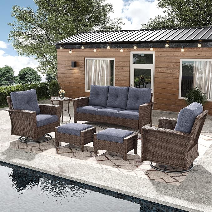 6 Pieces Outdoor Patio Furniture Set, Wicker Patio Sectional Set Conversation Wicker Swivel Chairs with Small Side Table