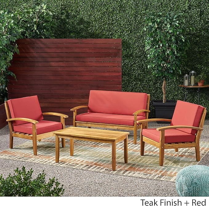Christopher Knight Home Peyton Outdoor Wooden Chat Set with Cushions, 4-Pcs Set, Teak Finish / Red