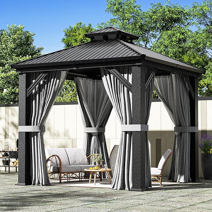 AirWire 8'x8' Gazebo Hardtop Gazebo, Aluminum Pergola with Double Galvanized Steel Roof, Permanent Outdoor Metal Canopy with Curtain and Netting for Patio, Backyard, Deck,Grey