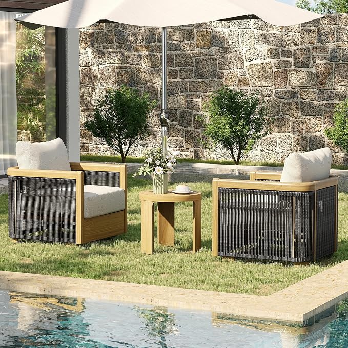 HAPPATIO Aluminum Patio Furniture Set, 3 Pieces Wood-Like Oversized Outdoor Conversation Set with Thick Cushion, Curved Tub Design with Woven Rope Accents for Garden, Backyard, Poolside