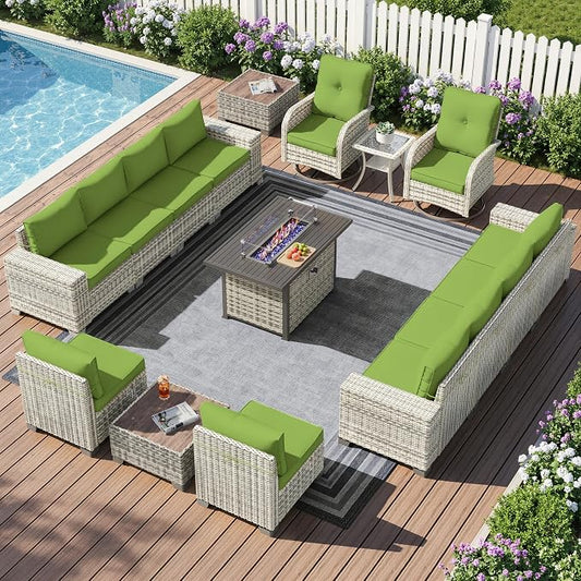 16-Piece Outdoor Patio Furniture Set with Rocking Swivel Chair, PE Wicker Rattan Sectional Sofa Patio Conversation Set with 55,000 BTU Fire Pit Table & Coffee Table, LAvocado Green