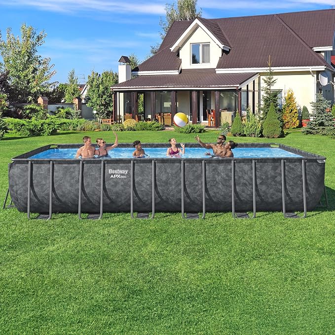 Bestway APX 365 24' x 12' x 52" Above Ground Pool, Rectangular Metal Frame Outdoor Swimming Pool Set with Sand Filter Pump, Ladder, and Cover, Dark Marble