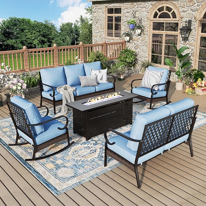 Patio Furniture Set with Fire Pit Table, Metal Outdoor Conversation Set with 5.75'' Extra Thick Cushion, 2 Rocking Chairs, Loveseat Sofa, 3-Seat Sofa and Gas Fire Pit Table, Blue