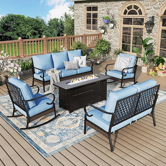 Patio Furniture Set with Fire Pit Table, Metal Outdoor Conversation Set with 5.75'' Extra Thick Cushion, 2 Rocking Chairs, Loveseat Sofa, 3-Seat Sofa and Gas Fire Pit Table, Blue