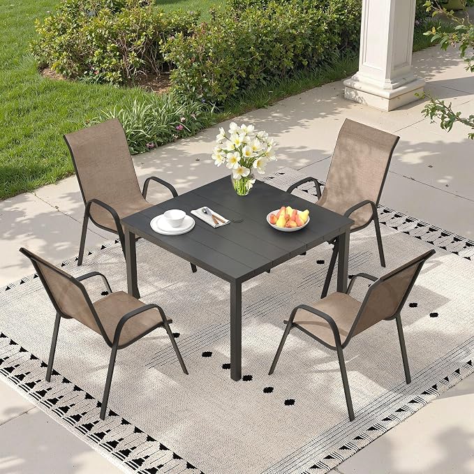 5 Pieces Outdoor Dining Set, 40.2" Square Table with Umbrella Hole & Stackable Patio Dining Chairs, Patio Table and Chairs Set for Deck Garden Porch, Brown Chairs & Black Table