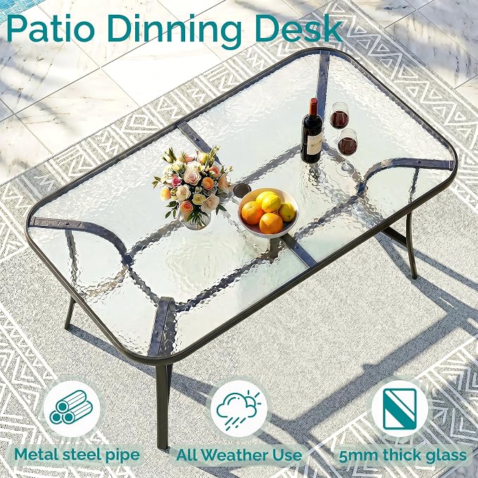 MAMIZO 7 Pieces Patio Dining Set for 6, Outdoor Table and Chairs w/Rectangle Glass Table and 6 Textilene Stackable Chairs, Patio Furniture Set w/1.69" Umbrella Hole (Black Table & Brown Chair)
