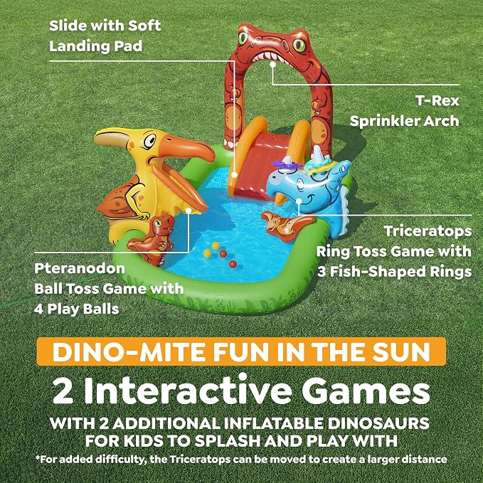 H2OGO! Jurassic Splash Inflatable Water Play Center, 7'11" x 55" x 54" Kids Outdoor Activity Center with Water Archway Slide, Games, & Splash Pool