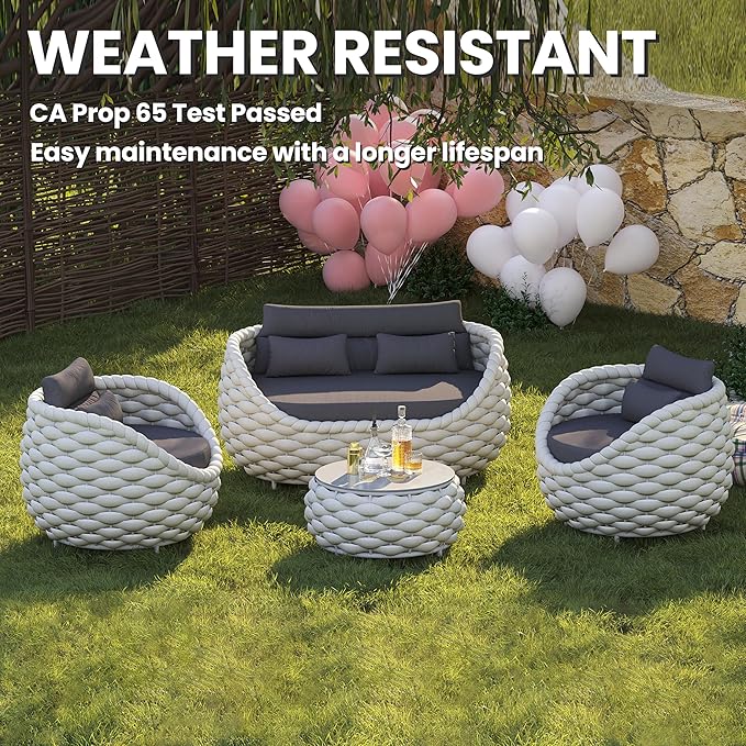 Aluminum Patio Furniture Set: 4 Pieces Woven Rope Outdoor Conversation Sofa Set Assembled - Modern Cushioned Armchair Couch Set for 660lbs Porch Deck Backyard Poolside Garden Drawing Room Hotel